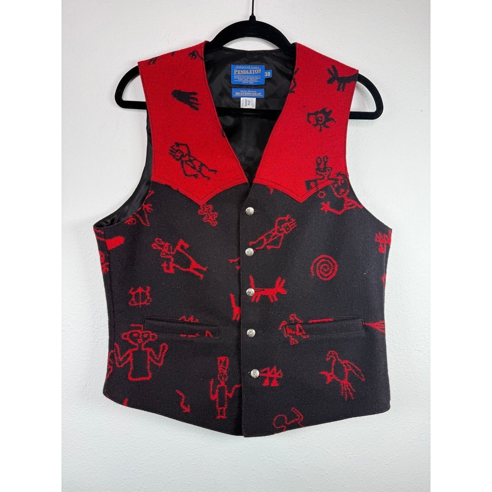 Pendleton High Grade Western Wear Wool Vest Red Black Petroglyph Size 38